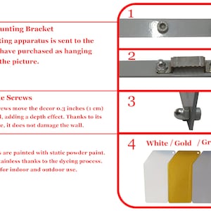 May include: A mounting bracket set featuring two silver metal bars with screws, a sawtooth hanger, and elevation screws that provide 0.3 inches of wall clearance. Four color options are displayed: white, gold, gray, and textured black metal plates.