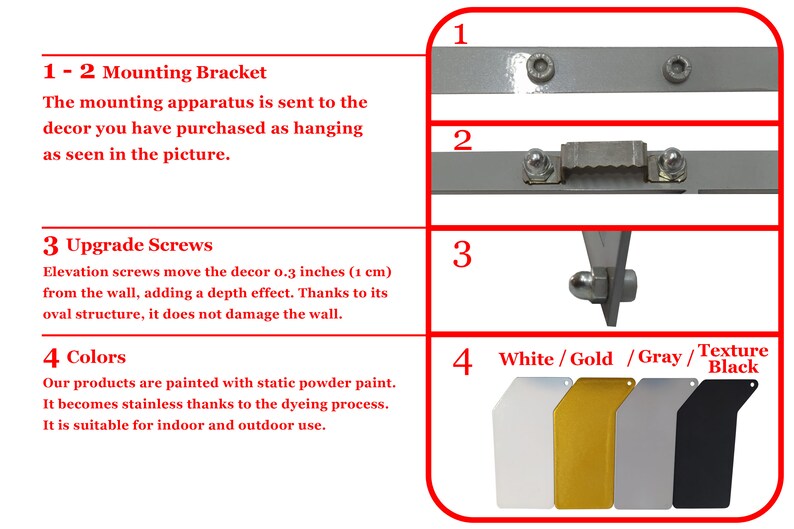 May include: A mounting bracket set featuring two silver metal bars with screws, a sawtooth hanger, and elevation screws that provide 0.3 inches of wall clearance. Four color options are displayed: white, gold, gray, and textured black metal plates.