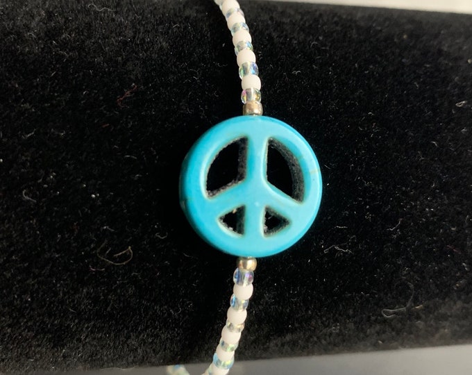 Turquoise Peace Sign Handcrafted Aromatherapy Bracelet Genuine Turquoise & Glass Beads, Available in Gold, Copper, Silver Tones. Great gift!