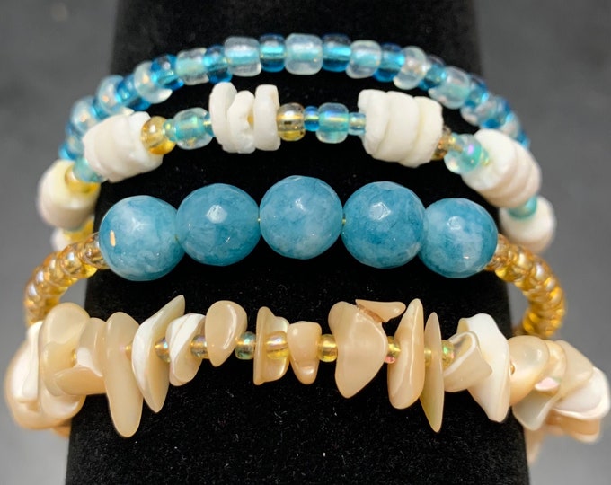 Summer Beach Vibes Bracelet Set Teal Blue White and Ecru Tones Hand Crafted Genuine Marble Stone Glass Beads.  Perfect for Mother’s Day!