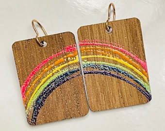 Handmade Embossed Wooden Earrings. Rainbow Print. Trendy! Rose Gold Earring Hooks. Gay Pride. Pride Month Bling.