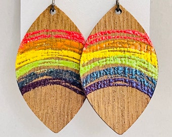 Handmade Embossed Marquis Ellipse Wooden Earrings. Rainbow Print. Trendy! Hematite Plated Earring Hooks. Gay Pride. Pride Month Bling.