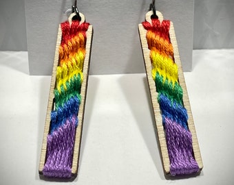 Handmade Handstitched Rainbow Wooden Dangle Earrings. Trendy! Hematite Plated Earring Hooks.  LGBTQ+ pride.  Gay Pride. Pride bling.