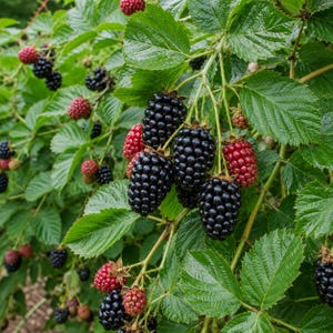 May include: A blackberry bush featuring clusters of ripe, glossy black berries and unripe red berries. The plant has serrated green leaves and thin, woody stems. The berries are composed of small, rounded drupelets, showing various stages of growth.
