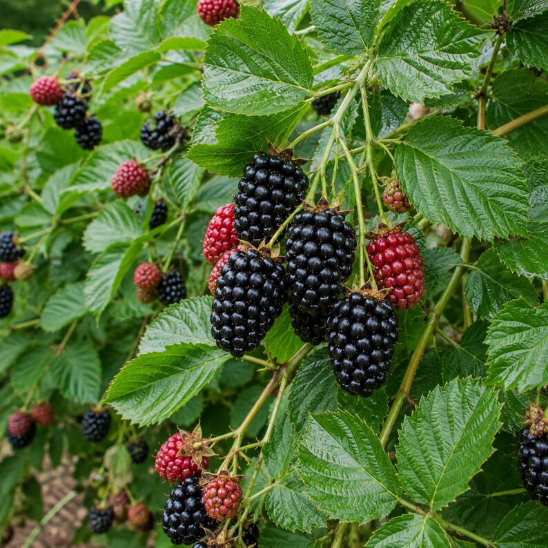 May include: A blackberry bush featuring clusters of ripe, glossy black berries and unripe red berries. The plant has serrated green leaves and thin, woody stems. The berries are composed of small, rounded drupelets, showing various stages of growth.