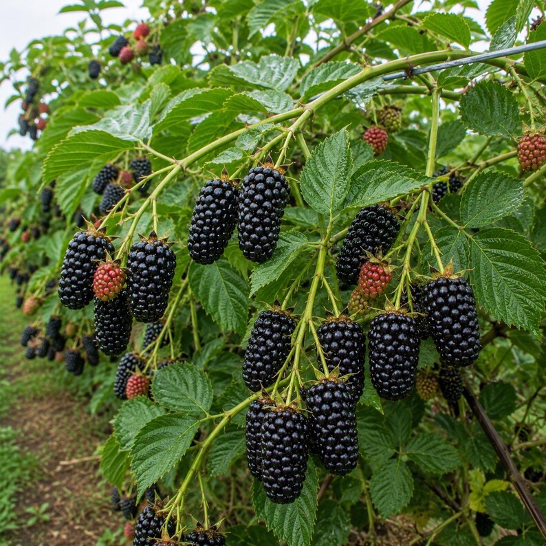 May include: A blackberry bush featuring numerous clusters of ripe, dark purple to black berries alongside several smaller, unripe red berries. The plant has vibrant green, serrated leaves and thin, woody stems growing in a natural outdoor setting.