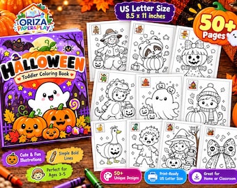 May include: A Halloween toddler coloring book with a purple cover featuring a ghost and pumpkins, displayed alongside several black and white coloring pages showing characters in costumes, measuring 8.5 by 11 inches in US Letter size.