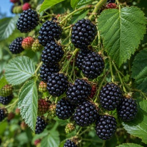 May include: A cluster of ripe, glossy black blackberries hanging from a green vine with serrated leaves. Several smaller, unripe berries in shades of red and green are interspersed among the dark, textured fruit on the leafy plant.
