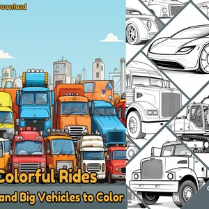 Colorful Rides: Small & Big Vehicles to Color, 35 Coloring Pages for Adults and Kids, Fun Activity Coloring Book, Fast Instant Download PDF