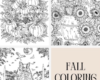 Op de afbeelding: Zwart-wit kleurplaten met pompoenen, zonnebloemen en een kat met een pompoen. De tekst "Fall Coloring Pages for you" is ook opgenomen. De Etsy shopnaam "Midnight Ink on Etsy" staat bovenaan.