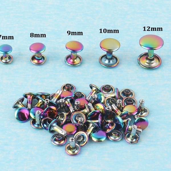 100 jeux de rivets double capuchon, 7/8/9/10/12 mm clous d'oreille ronds en cuir arc-en-ciel, rivets double face en jean, rivet de sac pour fournitures créatives bricolage