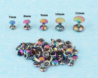 May include: Assortment of iridescent metal rivets in various sizes, including 7mm, 8mm, 9mm, 10mm, and 12mm. The rivets have a shiny, rainbow-like finish.