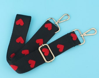 Alças de bolsa ajustáveis de 3,8 cm (1,5") de largura, 51" de comprimento preto e vermelho amor coração algodão alça de bolsa crossbody, corrente de bolsa para acessórios de bolsa