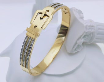 Fashion Buckle Bangle Bracelet, Gold Waterproof Jewellery, Cubic Zirconia, Party Jewellery for Women, Water-Resistant and Hypoallergenic