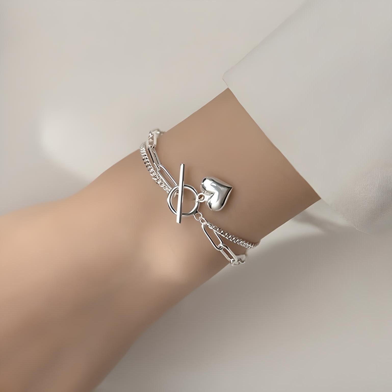 925 Sterling Silver Double Chain Heart Tag Bracelet Etsy Canada