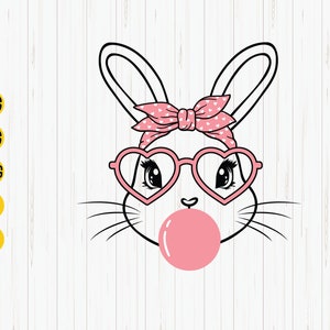 Cute Bunny Rabbit Bubblegum SVG, Bunny Heart Glasses, Rabbit Bandana Glasses Bubblegum SVG, Easter Bunny Cut File, Cricut, Instant Download