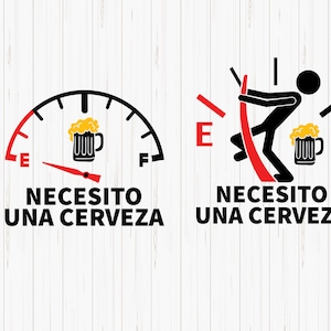 Puede incluir: Un diseño gráfico en blanco y negro de un indicador de combustible con un icono de vaso de cerveza. El indicador está vacío y el texto dice "NECESITO UNA CERVEZA".