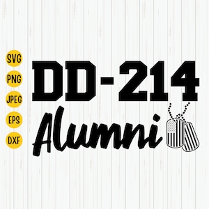 May include: Black graphic design on a white wooden background. The design includes the text "DD-214 Alumni" with two dog tags and file type icons. The dog tags feature the American flag and stripes.