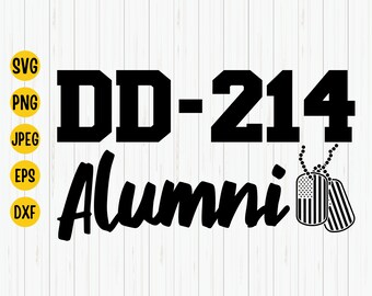 May include: Black graphic design on a white wooden background. The design includes the text "DD-214 Alumni" with two dog tags and file type icons. The dog tags feature the American flag and stripes.