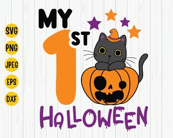 My First Halloween SVG, Black Cat on Pumpkin (Digital Download
