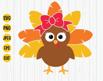 Thanksgiving Turkey Clipart, Girl Turkey with Bow SVG, Fall Cricut Cut File (Digital Download)
