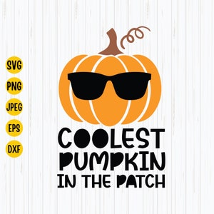 May include: A cartoon pumpkin wearing sunglasses with the text "Coolest Pumpkin in the Patch".