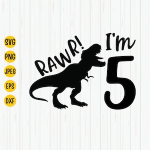 Op de afbeelding: Zwart-witte silhouet van een dinosaurus met de tekst "RAWR! I'm 5"