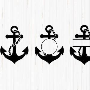 May include: Three black anchor SVG cut files. The first anchor has a rope wrapped around it. The second anchor has a circle for personalization. The third anchor has a rectangular space for personalization.