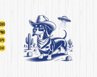 ヴィンテージ ダックスフント カウボーイ クリップアート: レトロな西部劇の犬、ダックスフント エイリアン UFO (デジタル ダウンロード)