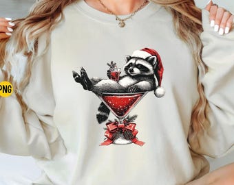 Christmas Raccoon Cocktail PNG: Festive Holiday Drink Clipart, Santa Hat Winter Digital Download