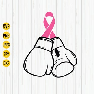May include: A pair of black boxing gloves with a pink ribbon tied around them. The ribbon is a symbol of breast cancer awareness.
