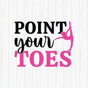 Op de afbeelding: Zwart en roze grafisch ontwerp met de tekst "POINT your TOES" en een silhouet van een turnster in roze.