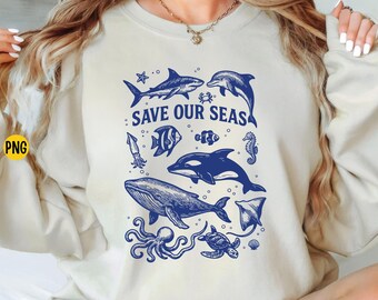 Retro Ocean Animals PNG: Save Our Seas Clipart (Digital Download)