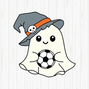 May include: A white ghost wearing a gray witch hat with an orange band and a skull design. The ghost is holding a black and white soccer ball.