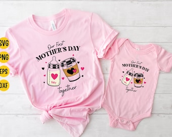 First Mother's Day 2026 Mom Baby SVG:  Mommy and Baby Matching Shirt Design, Coffee Cup Baby Bottle Digital Download