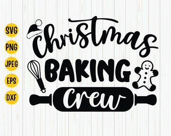Może przedstawiać: Czarno-biały projekt graficzny z tekstem "Christmas Baking Crew". Projekt zawiera wałek do ciasta, trzepaczkę, piernikowego ludzika i czapkę Świętego Mikołaja.