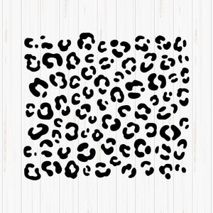 May include: A black leopard print pattern on a white backdrop. The design showcases numerous black spots of varying sizes and shapes, creating a striking visual. The background is a light wood grain.