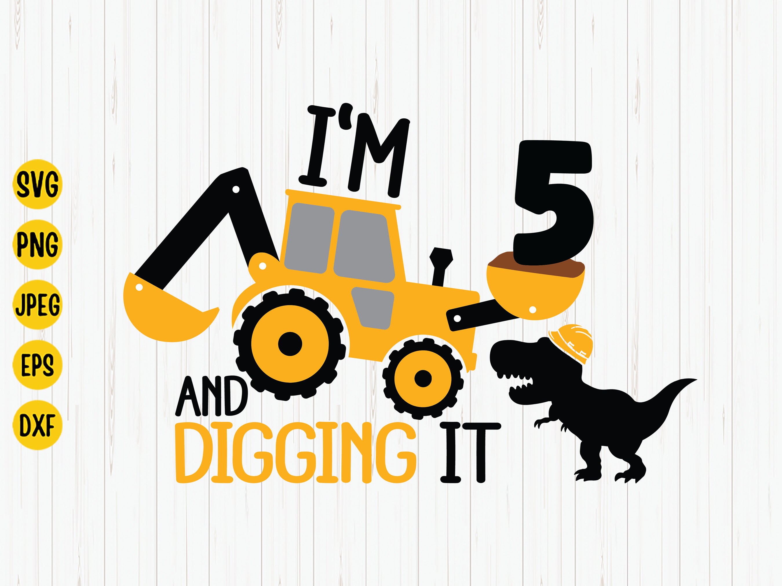 5th Birthday Boy SVG: T-Rex Dinosaur Excavator (Digital Files)