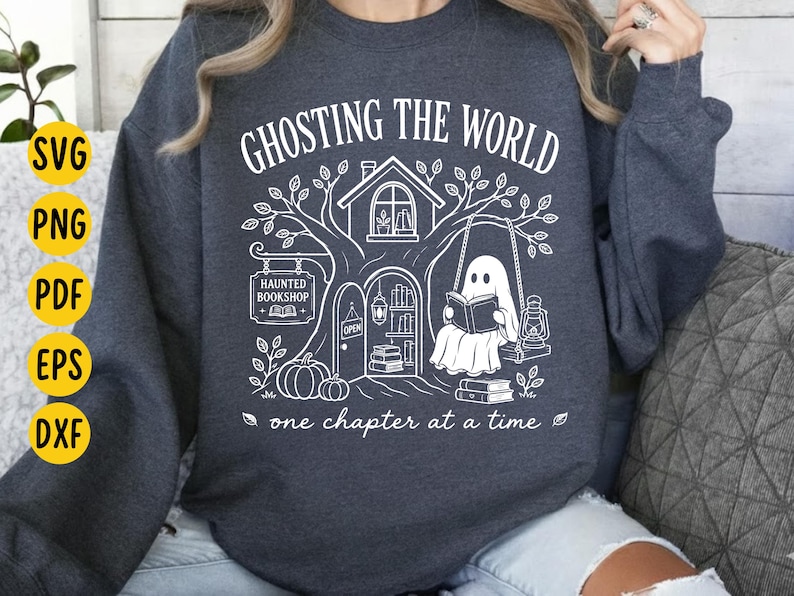 Ghosting The World SVG: Ghost Reading Book Lover Halloween, Bookish Fall Autumn Reader Digital Download