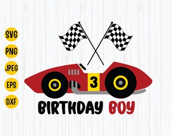 May include: Red race car with a yellow number 3 on the side. The car has black wheels and is decorated with two black and white checkered flags. The text "Birthday Boy" is below the car.