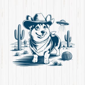 May include: A digital illustration of a Corgi dog wearing a cowboy hat and bandana, set against a desert landscape with cacti and a UFO. The image is in shades of blue and white, with a smiling dog as the central focus.