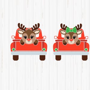 May include: Two red pickup trucks with reindeer in the back. The reindeer are wearing a green bow and a red nose.
