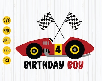 May include: Red race car with black checkered flags, yellow number 4, and the text "Birthday Boy".