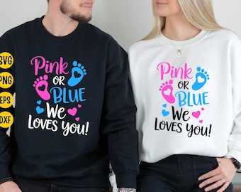 SVG para revelar el sexo del bebé: Rosa o azul, mamá/papá te ama (archivo digital)