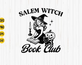 May include: Black and white illustration featuring a woman in a witch hat, reading a book, with a black cat, a pumpkin, and a candle. The text reads "Salem Witch Book Club".