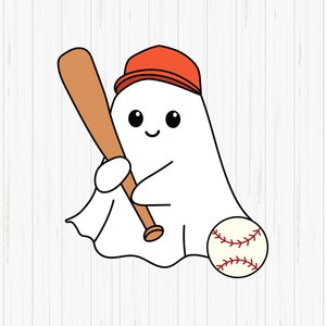 May include: A white ghost wearing a red baseball cap and holding a brown baseball bat. The ghost is smiling and has a baseball in front of it.