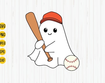 May include: A white ghost wearing a red baseball cap and holding a brown baseball bat. The ghost is smiling and has a baseball in front of it.