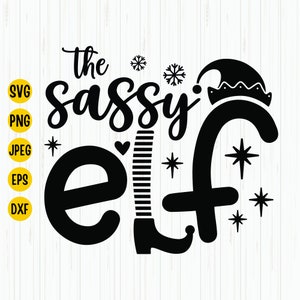 May include: Black and white graphic design featuring the text "the sassy elf" with a stylized elf hat, boot, and snowflakes.