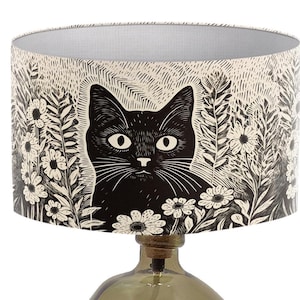 Black Cat Lampshade: Lino Cut Print, Modern Light Shade