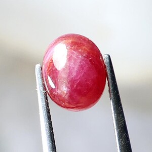 May include: A polished, oval ruby gemstone, held by silver tweezers. The ruby is a deep red colour with internal light reflections. The gemstone is the focal point, set against a blurred, neutral background.